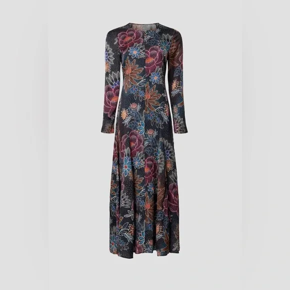 FARM Rio Blue Floral Dot Print Satin Maxi Dress - Long Sleeve, Size S - Picture 6 of 16